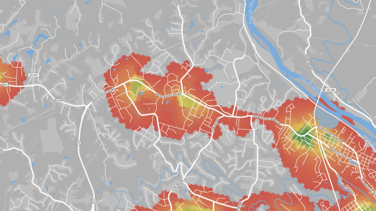 Walk Grade map of Bedford Hills, Lynchburg, VA, walkable areas in green and car-dependent areas in red