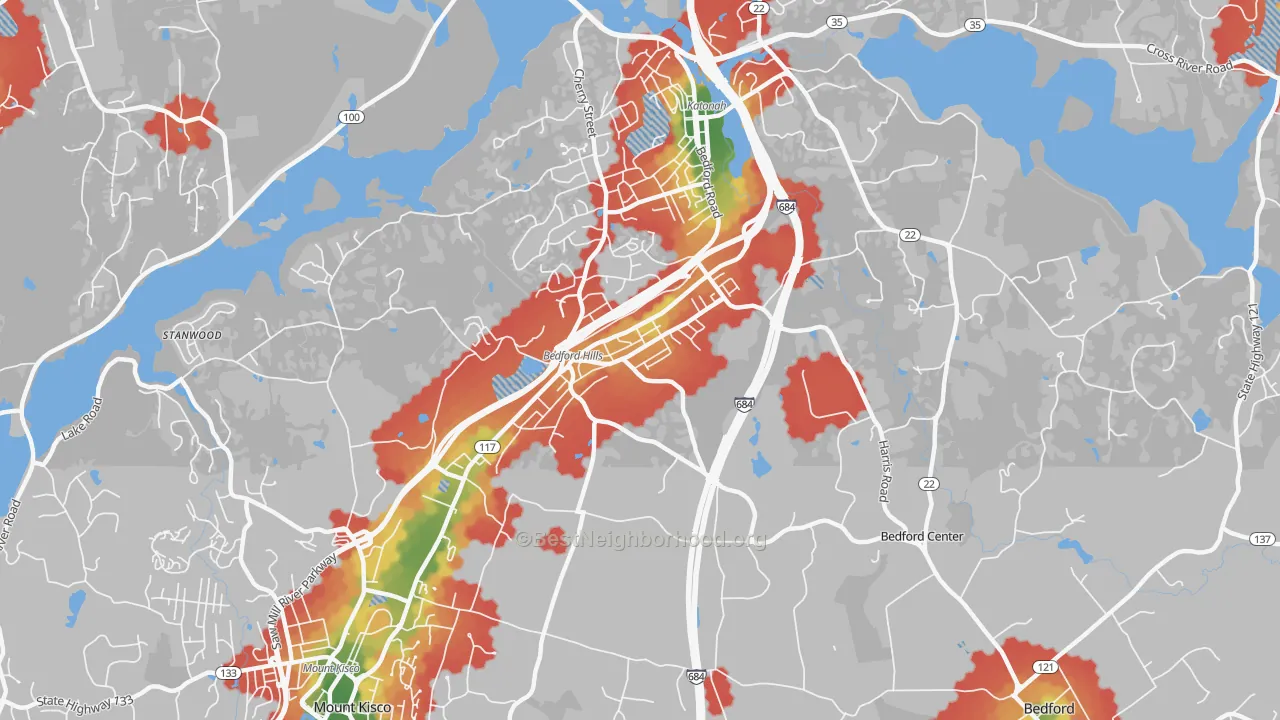 Walk Grade map of Bedford Hills, NY, walkable areas in green and car-dependent areas in red