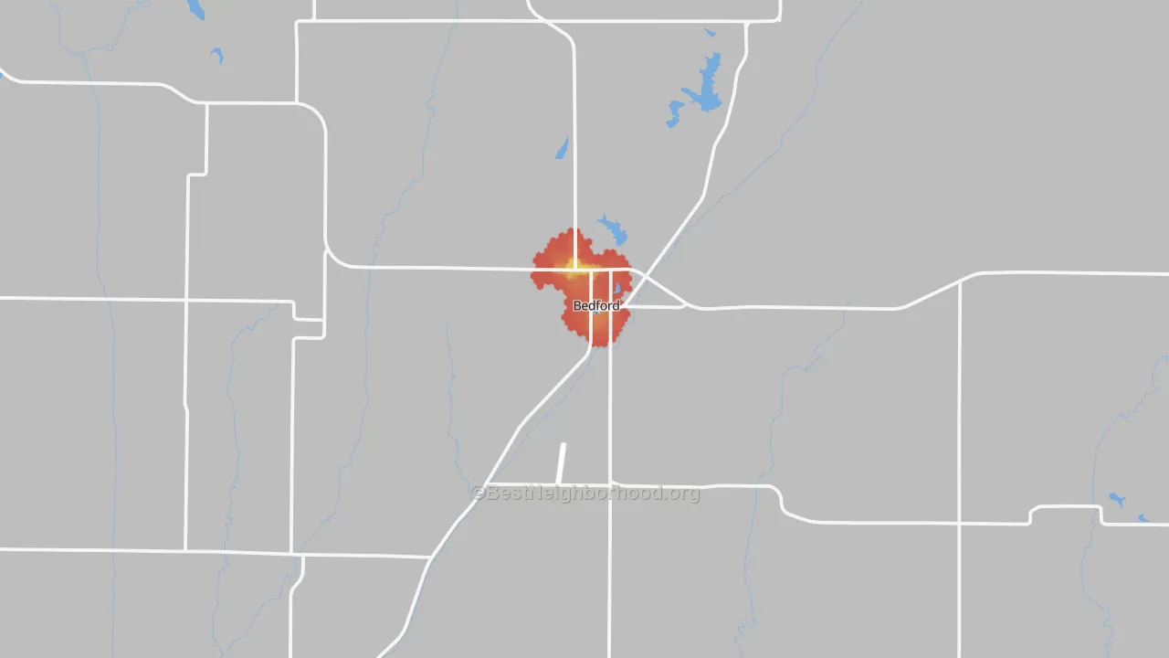 Walk Grade map of Bedford, IA, walkable areas in green and car-dependent areas in red
