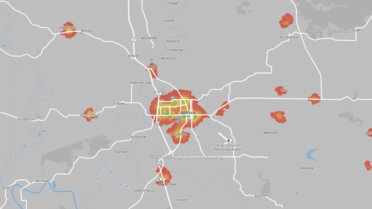 Walk Grade map of Bedford, IN, walkable areas in green and car-dependent areas in red