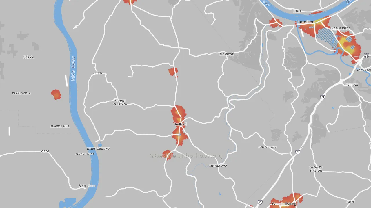 Walk Grade map of Bedford, KY, walkable areas in green and car-dependent areas in red