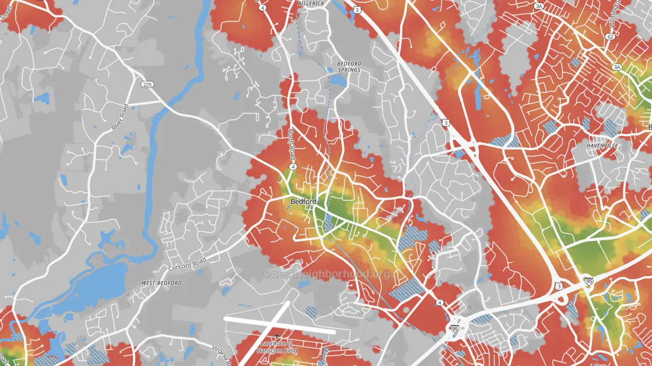 Walk Grade map of Bedford, MA, walkable areas in green and car-dependent areas in red