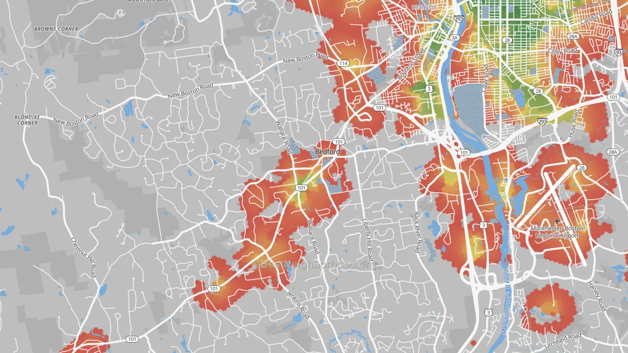 Walk Grade map of Bedford, NH, walkable areas in green and car-dependent areas in red