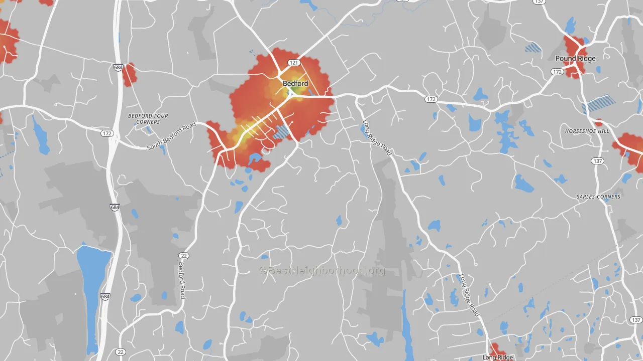 Walk Grade map of Bedford, NY, walkable areas in green and car-dependent areas in red