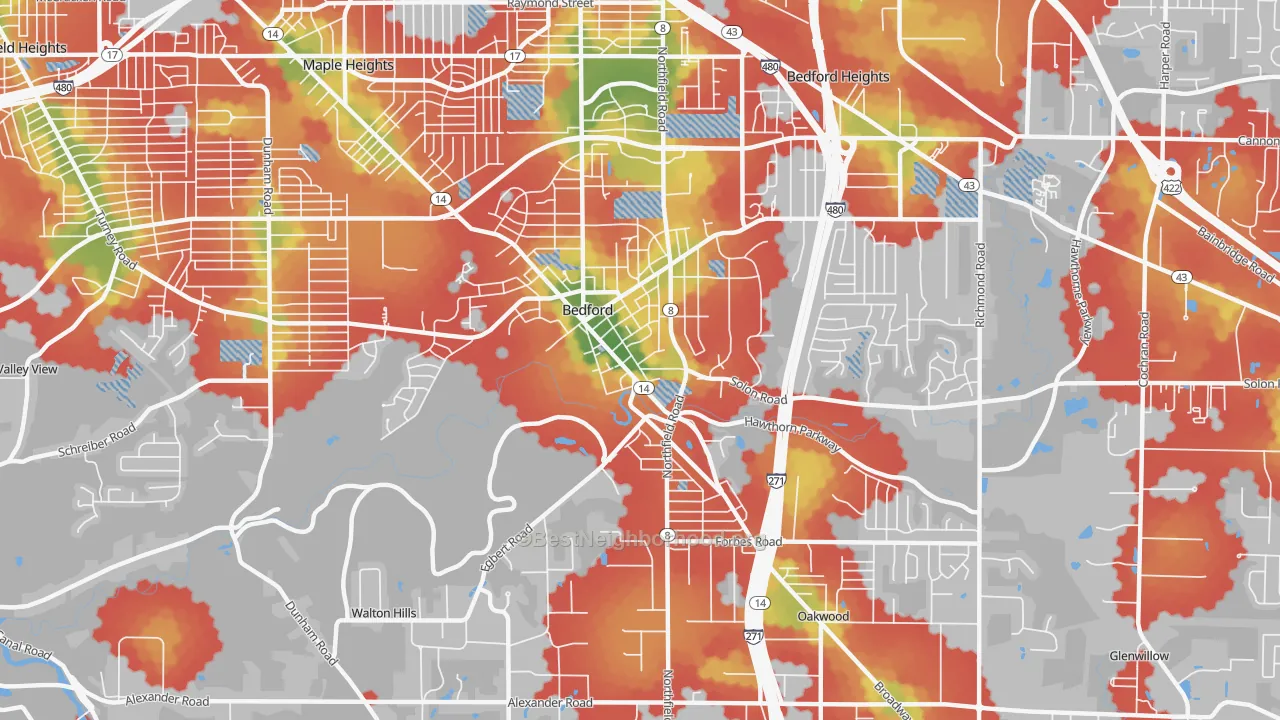 Walk Grade map of Bedford, OH, walkable areas in green and car-dependent areas in red