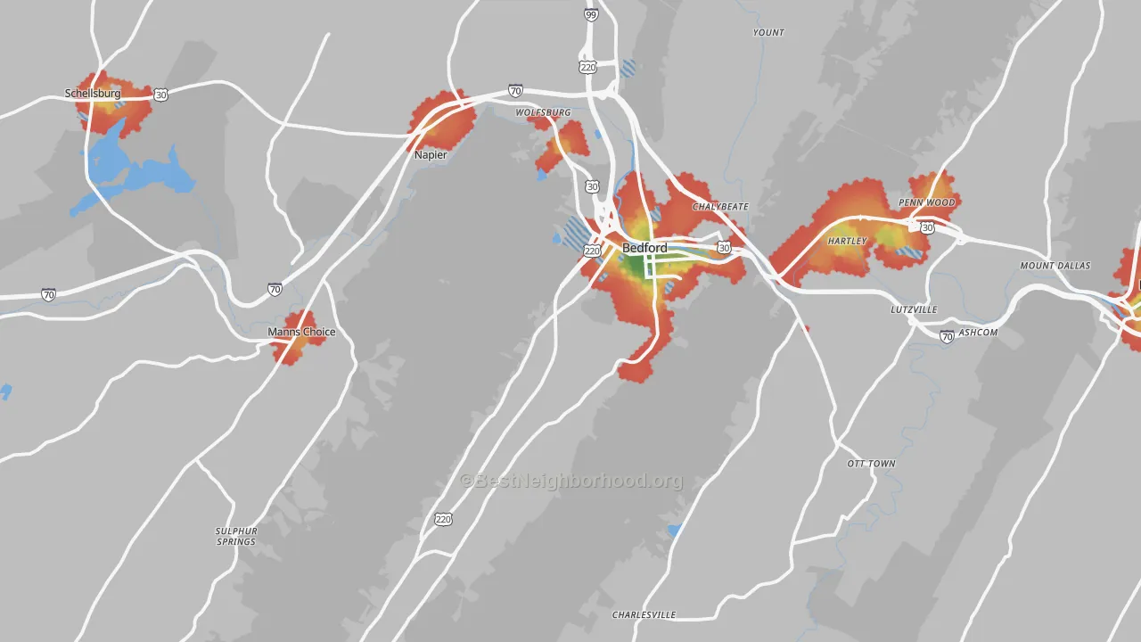 Walk Grade map of Bedford, PA, walkable areas in green and car-dependent areas in red