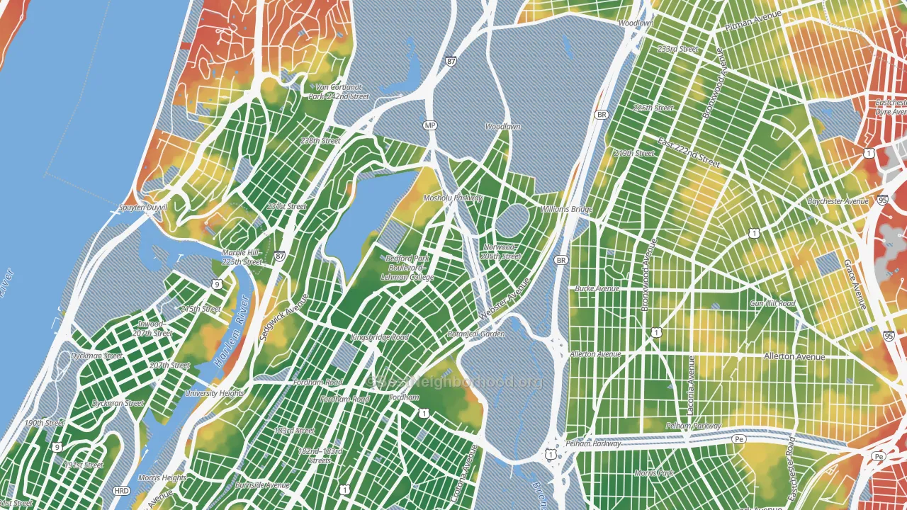 Walk Grade map of Bedford Park, Bronx, NY, walkable areas in green and car-dependent areas in red