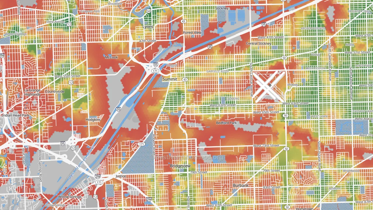 Walk Grade map of Bedford Park, IL, walkable areas in green and car-dependent areas in red
