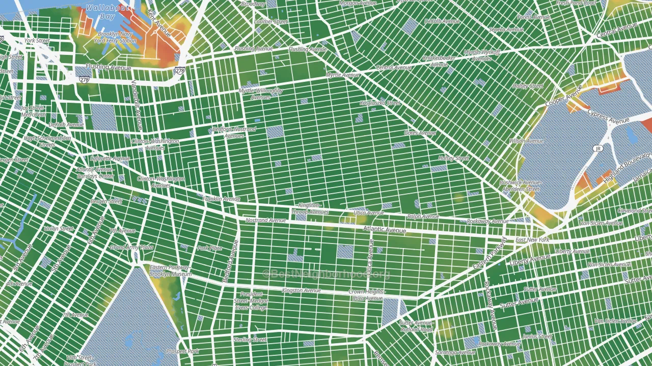 Walk Grade map of Bedford-Stuyvesant, Brooklyn, NY, walkable areas in green and car-dependent areas in red