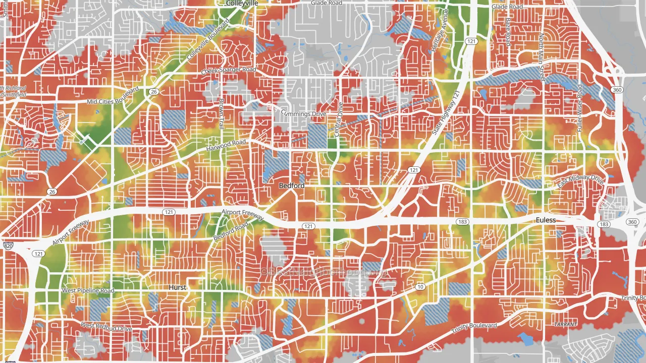 Walk Grade map of Bedford, TX, walkable areas in green and car-dependent areas in red