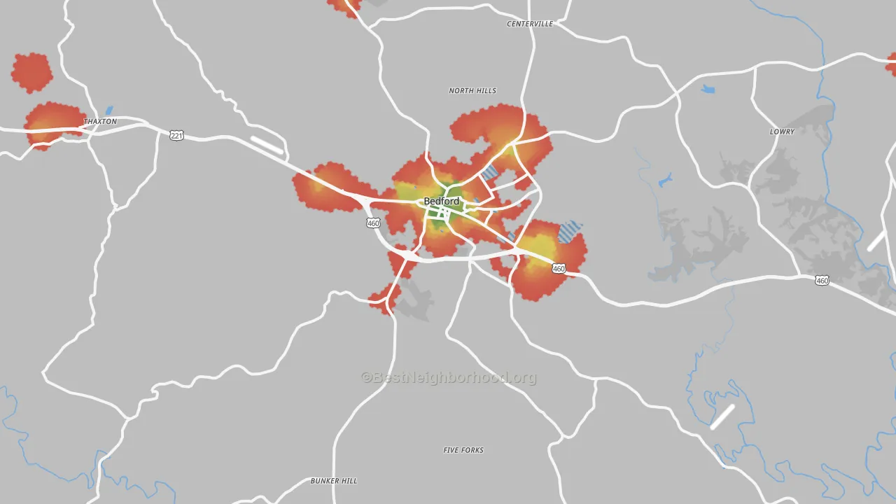 Walk Grade map of Bedford, VA, walkable areas in green and car-dependent areas in red