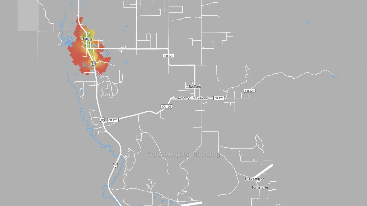 Walk Grade map of Bedford, WY, walkable areas in green and car-dependent areas in red