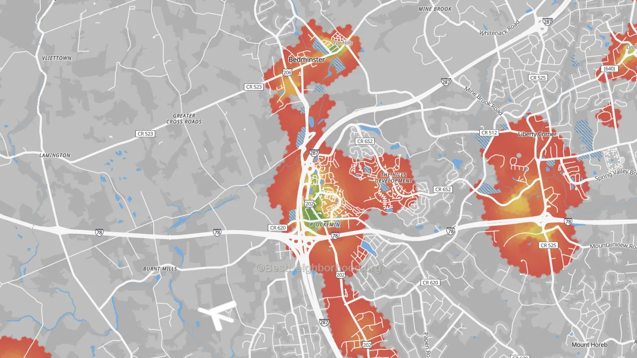 Walk Grade map of Bedminster, NJ, walkable areas in green and car-dependent areas in red