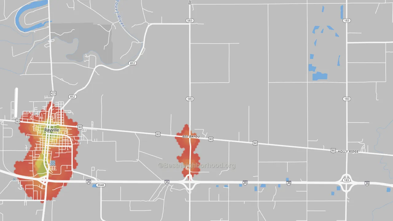 Walk Grade map of Bee Bayou, LA, walkable areas in green and car-dependent areas in red