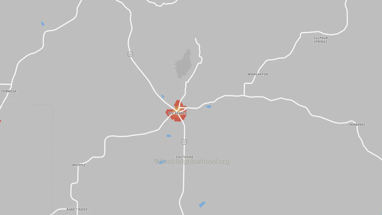 Walk Grade map of Bee Branch, AR, walkable areas in green and car-dependent areas in red