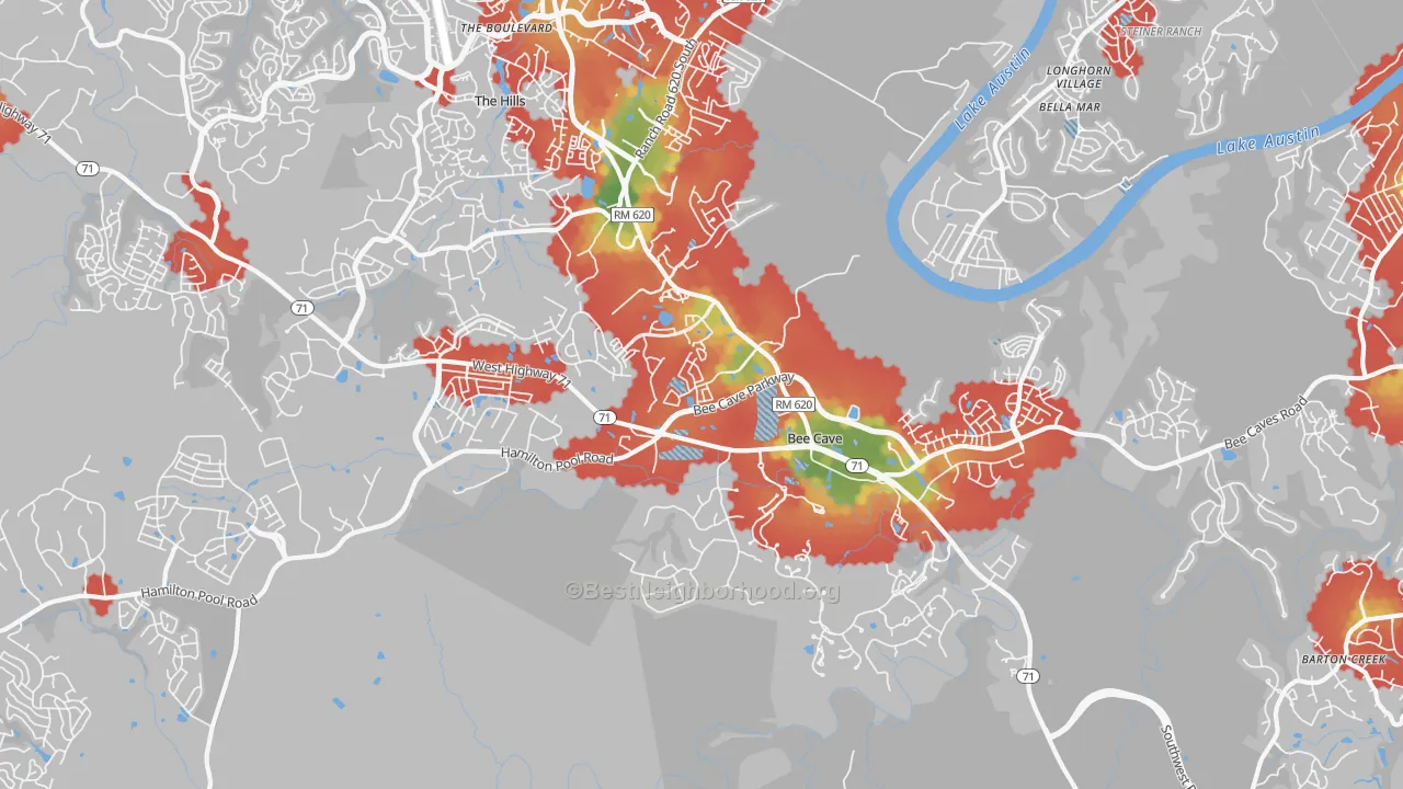 Walk Grade map of Bee Cave, TX, walkable areas in green and car-dependent areas in red