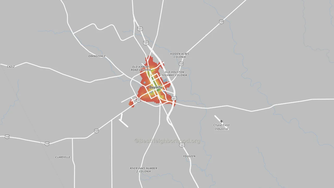 Walk Grade map of Bee County, TX, walkable areas in green and car-dependent areas in red
