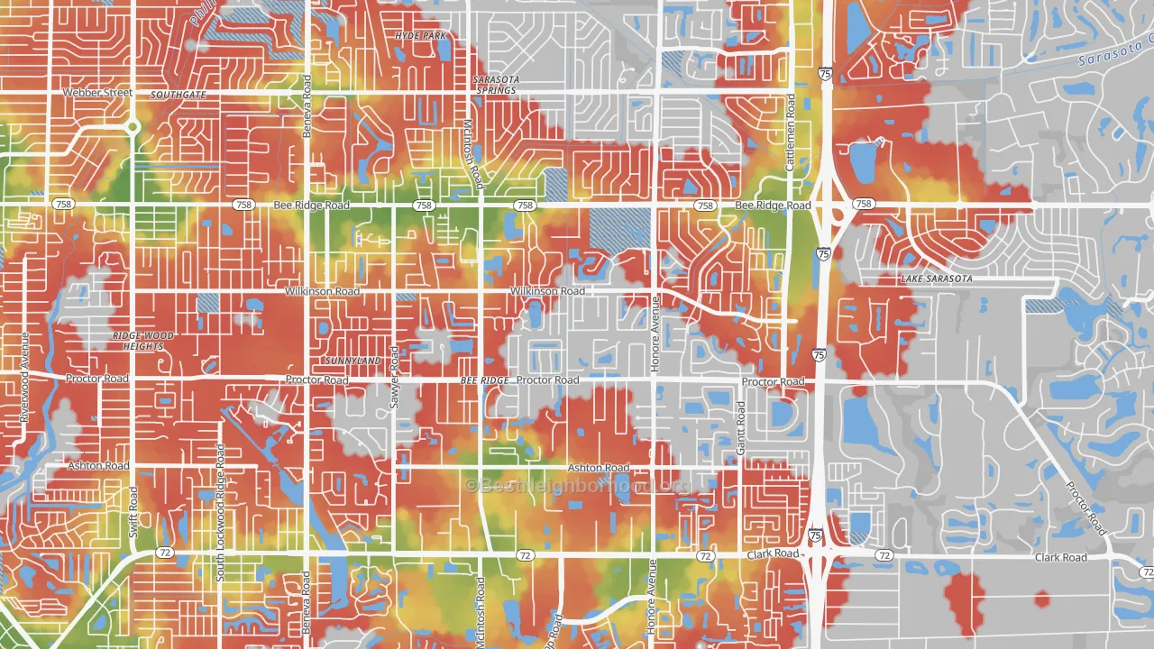 Walk Grade map of Bee Ridge, FL, walkable areas in green and car-dependent areas in red