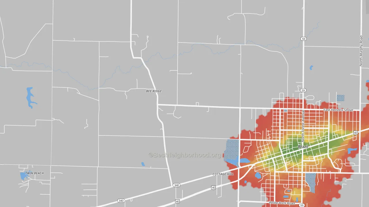 Walk Grade map of Bee Ridge, IN, walkable areas in green and car-dependent areas in red