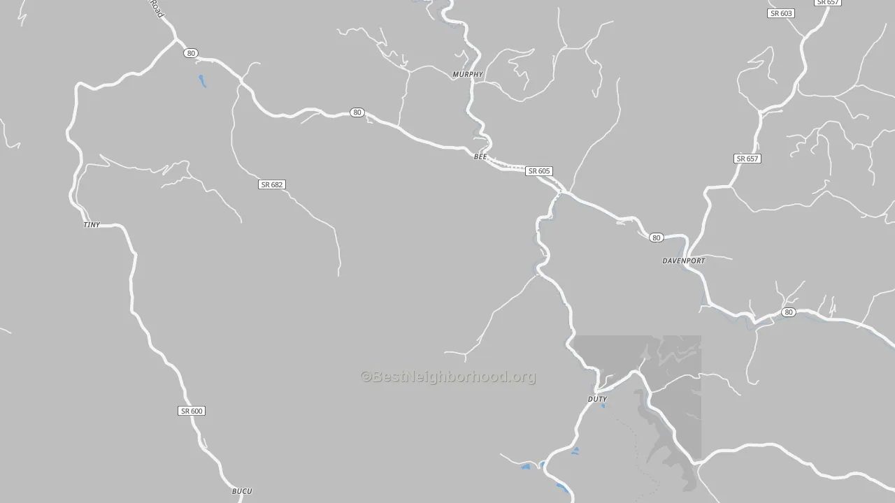 Walk Grade map of Bee, VA, walkable areas in green and car-dependent areas in red