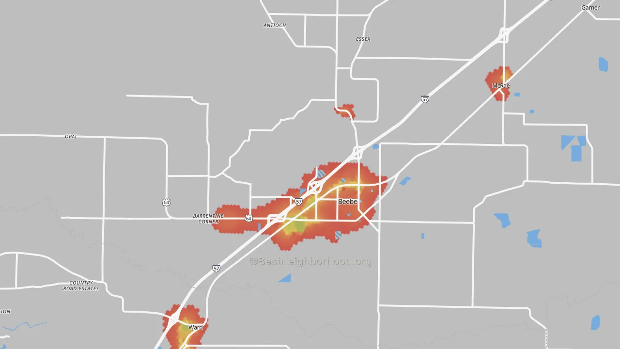 Walk Grade map of Beebe, AR, walkable areas in green and car-dependent areas in red