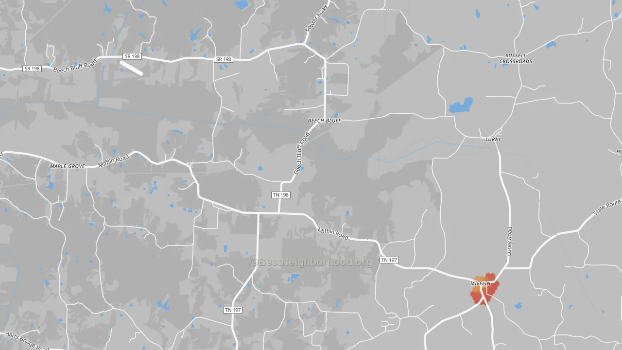 Walk Grade map of Beech Bluff, TN, walkable areas in green and car-dependent areas in red