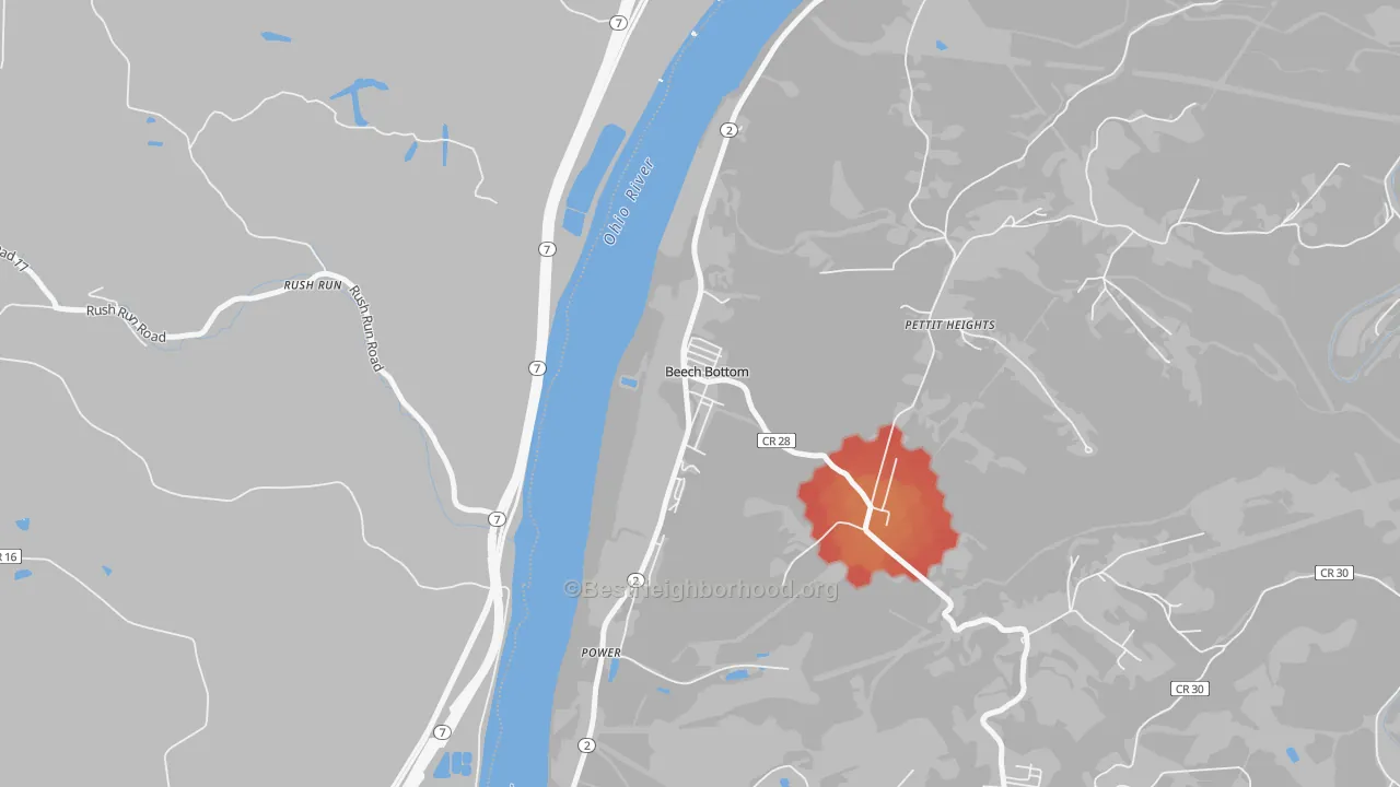 Walk Grade map of Beech Bottom, WV, walkable areas in green and car-dependent areas in red