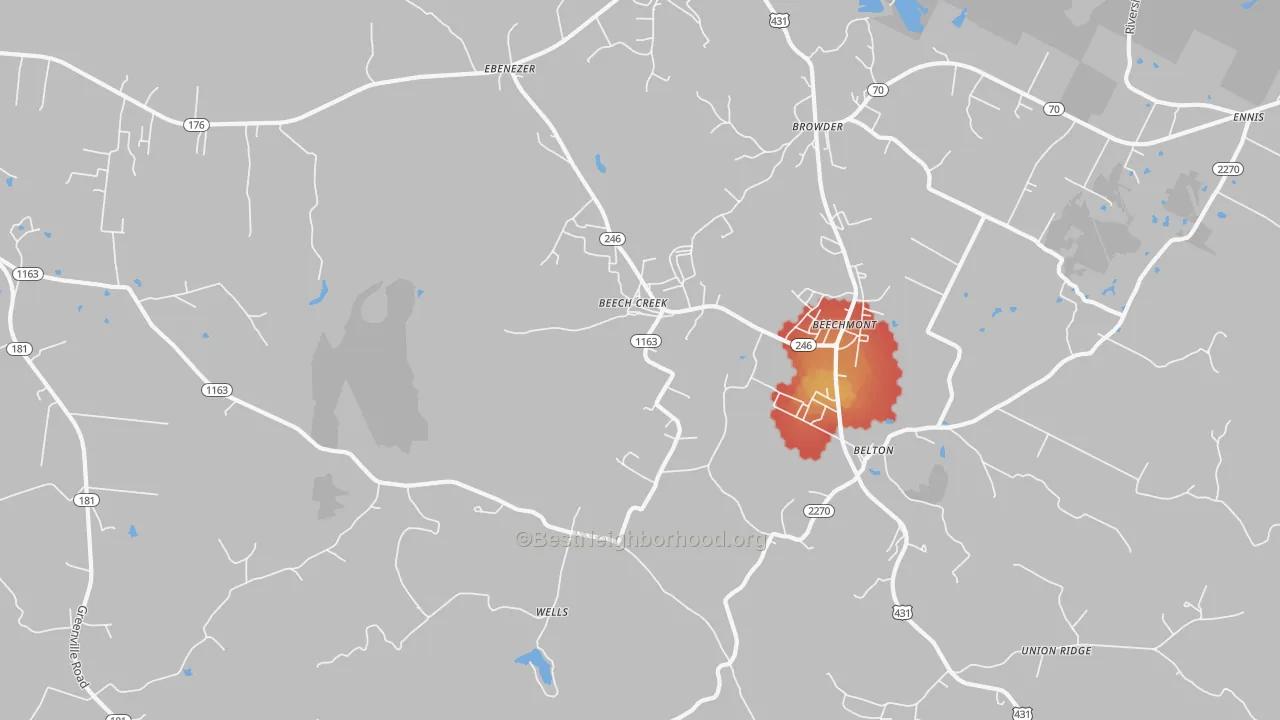 Walk Grade map of Beech Creek, KY, walkable areas in green and car-dependent areas in red