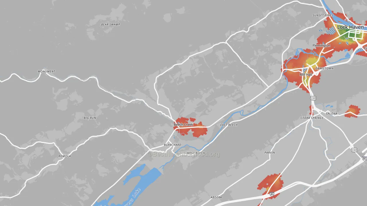 Walk Grade map of Beech Creek, PA, walkable areas in green and car-dependent areas in red