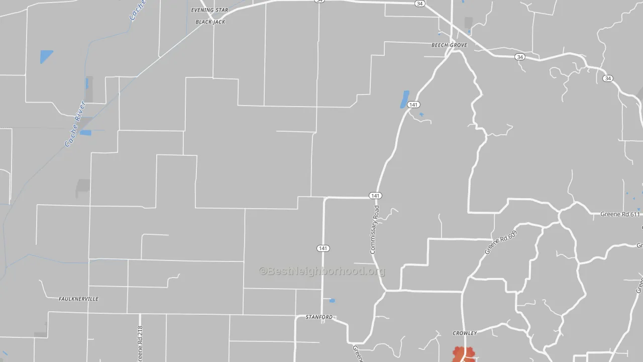 Walk Grade map of Beech Grove, AR, walkable areas in green and car-dependent areas in red