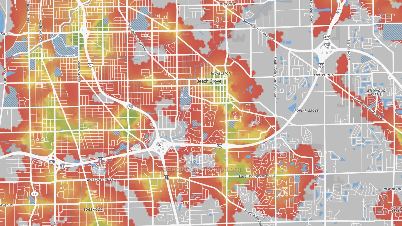 Walk Grade map of Beech Grove, IN, walkable areas in green and car-dependent areas in red
