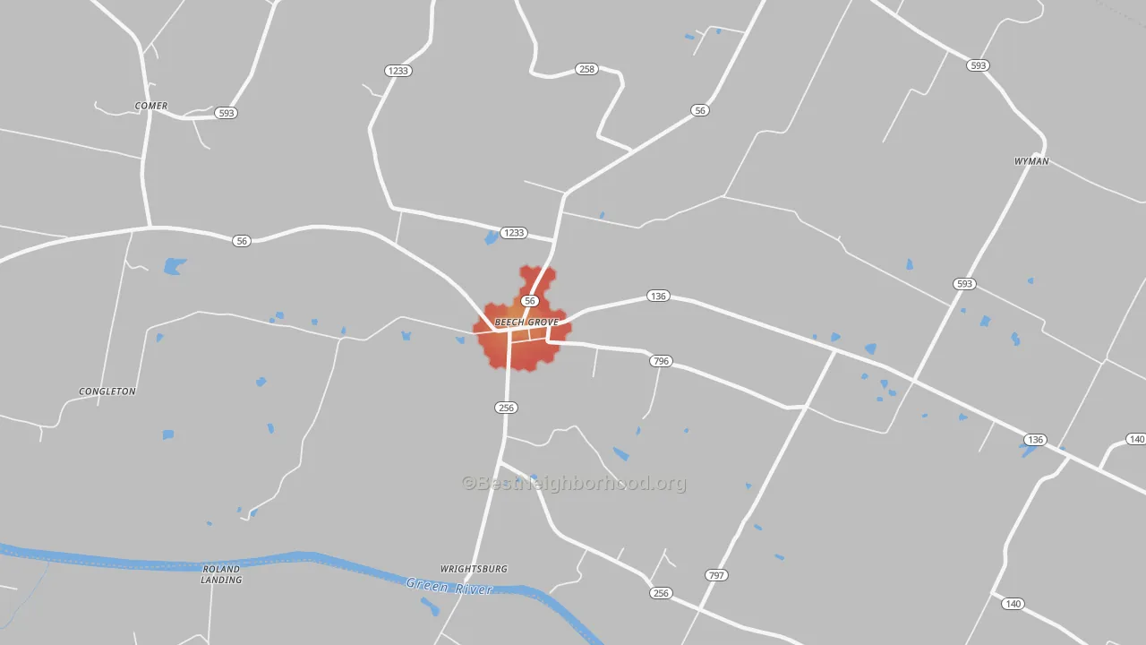 Walk Grade map of Beech Grove, KY, walkable areas in green and car-dependent areas in red