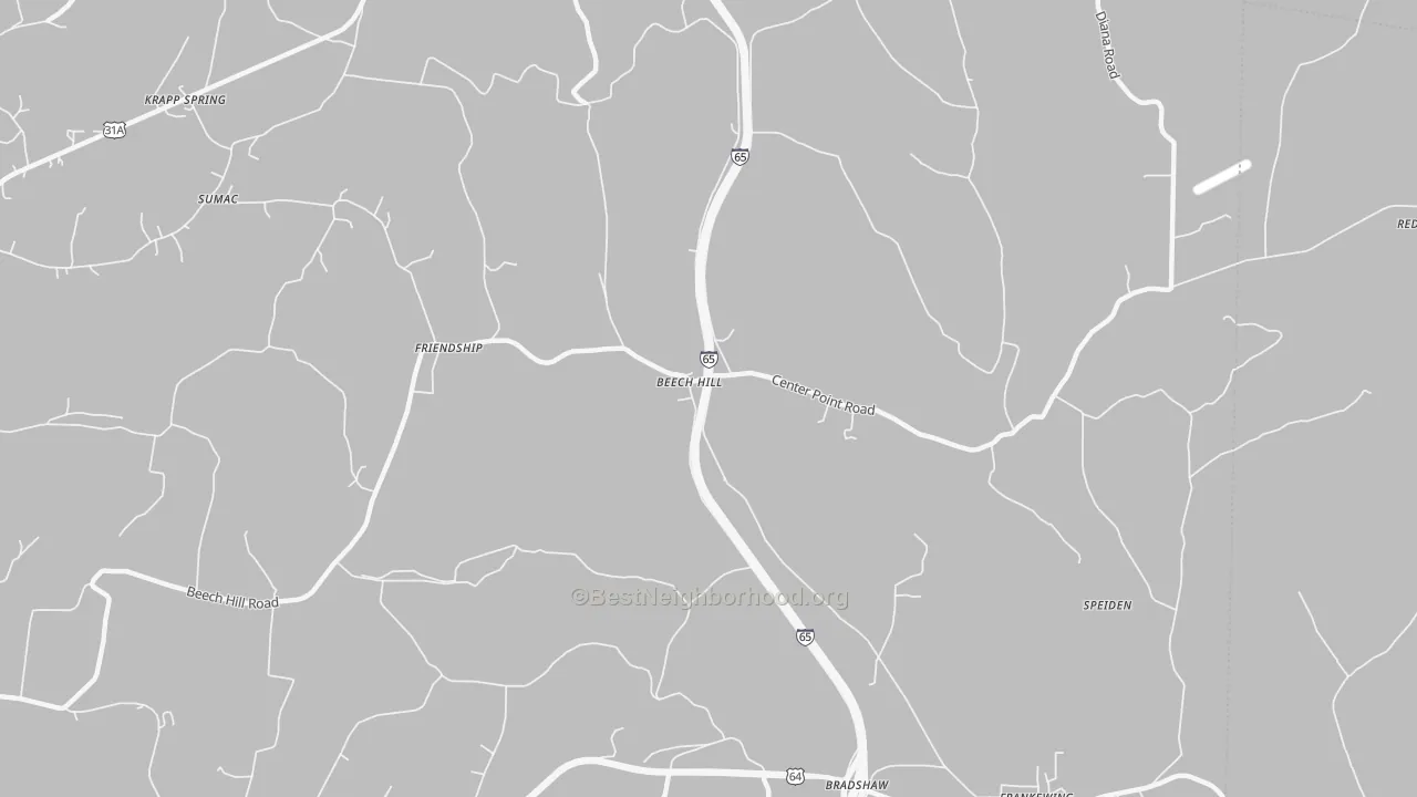 Walk Grade map of Beech Hill, TN, walkable areas in green and car-dependent areas in red