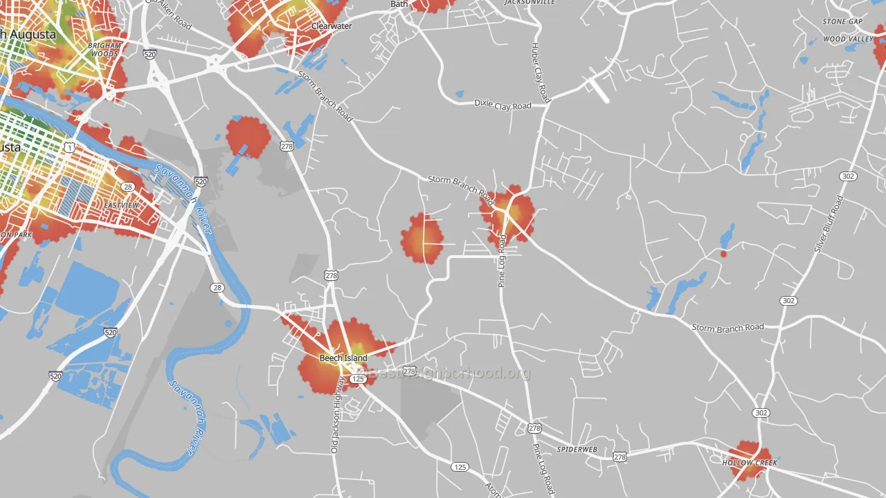 Walk Grade map of Beech Island, SC, walkable areas in green and car-dependent areas in red