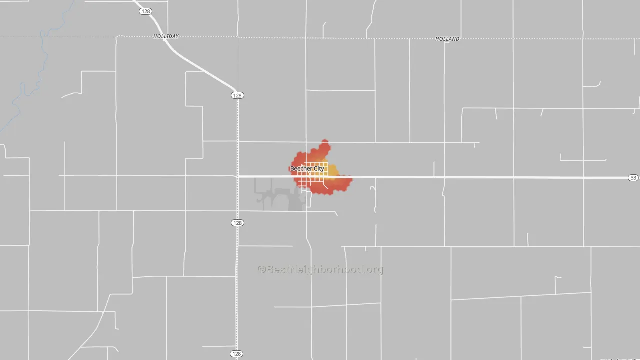 Walk Grade map of Beecher City, IL, walkable areas in green and car-dependent areas in red