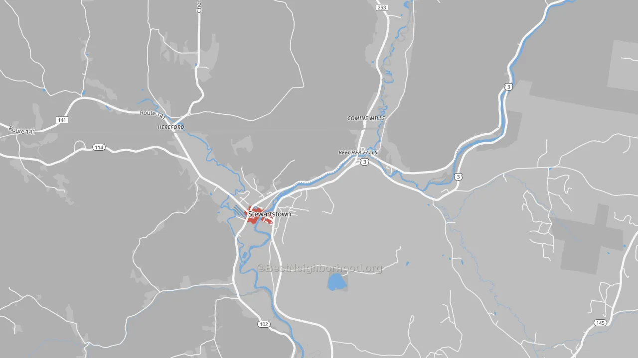 Walk Grade map of Beecher Falls, VT, walkable areas in green and car-dependent areas in red