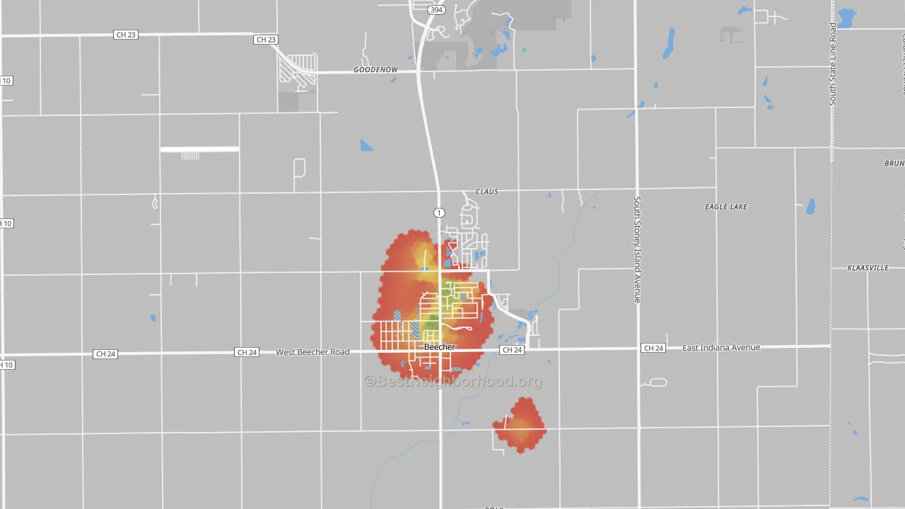 Walk Grade map of Beecher, IL, walkable areas in green and car-dependent areas in red
