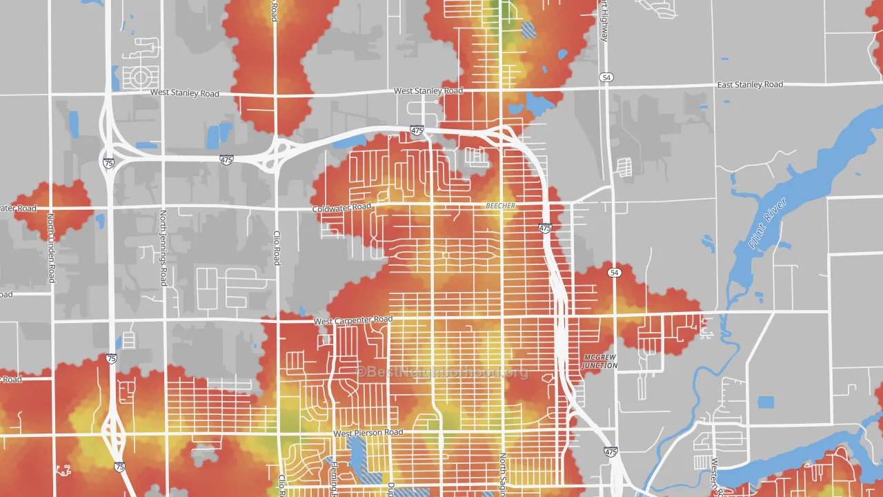 Walk Grade map of Beecher, MI, walkable areas in green and car-dependent areas in red