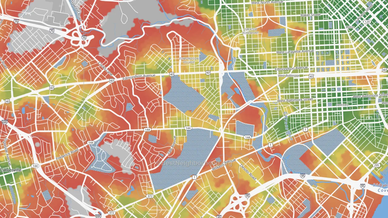 Walk Grade map of Beechfielf-Irvington Area, Baltimore, MD, walkable areas in green and car-dependent areas in red