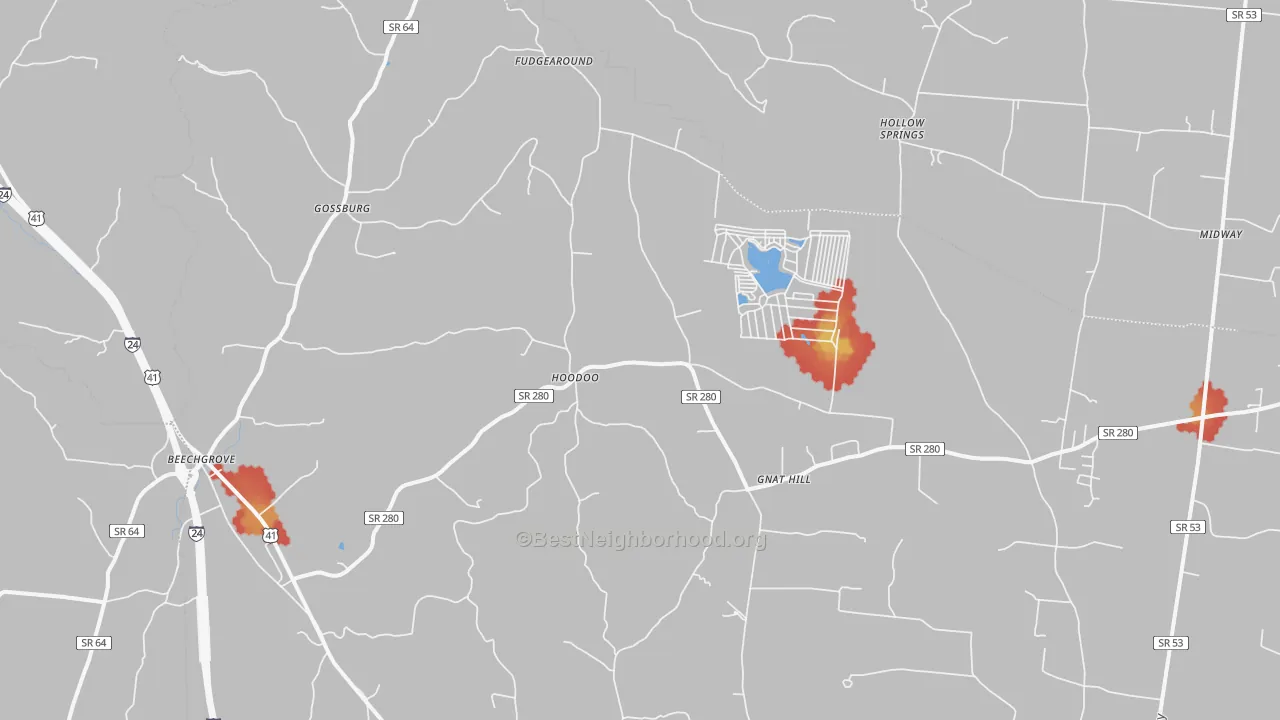 Walk Grade map of Beechgrove, TN, walkable areas in green and car-dependent areas in red