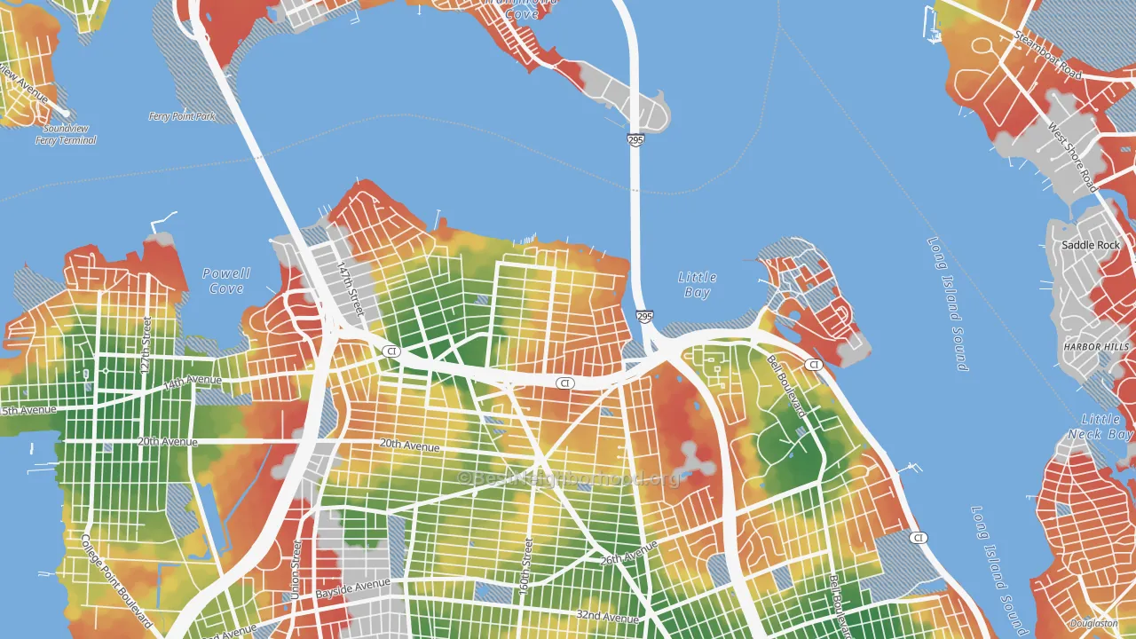 Walk Grade map of Beechhurst, Queens, NY, walkable areas in green and car-dependent areas in red