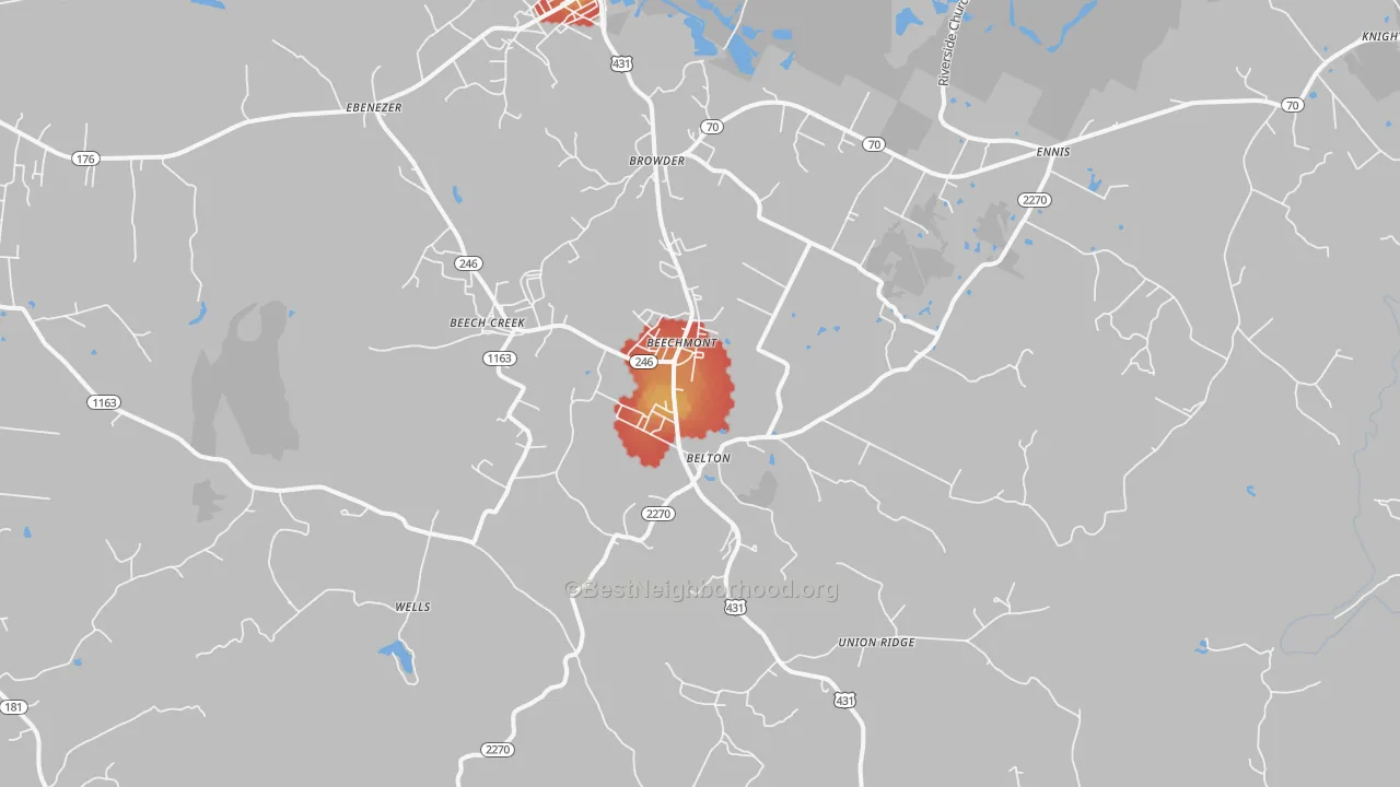 Walk Grade map of Beechmont, KY, walkable areas in green and car-dependent areas in red