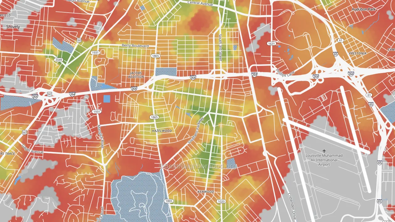 Walk Grade map of Beechmont, Louisville, KY, walkable areas in green and car-dependent areas in red