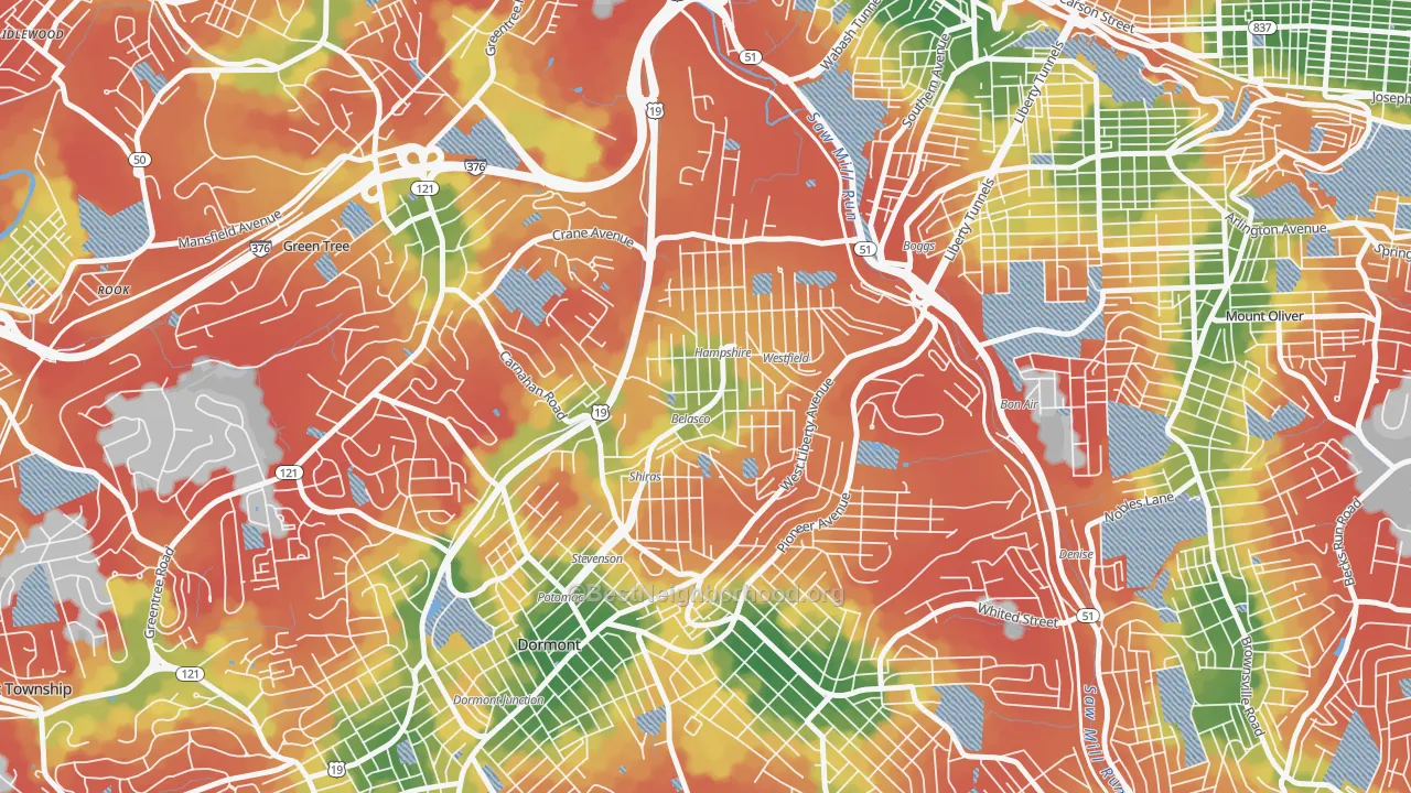 Walk Grade map of Beechview, Pittsburgh, PA, walkable areas in green and car-dependent areas in red