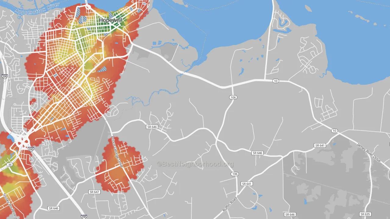 Walk Grade map of Beechwood Manor, VA, walkable areas in green and car-dependent areas in red
