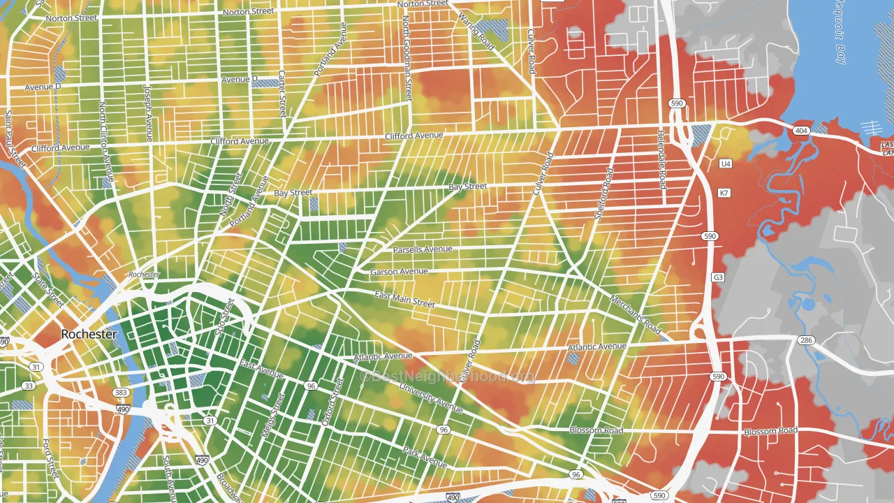 Walk Grade map of Beechwood, Rochester, NY, walkable areas in green and car-dependent areas in red