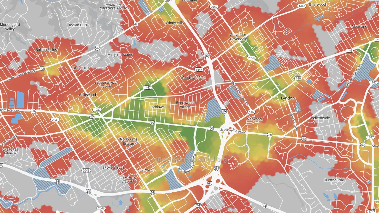 Walk Grade map of Beechwood Village, KY, walkable areas in green and car-dependent areas in red