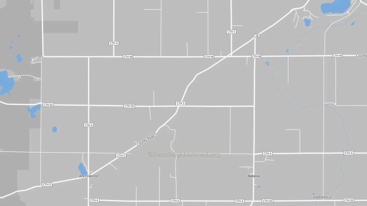 Walk Grade map of Beechwood, WI, walkable areas in green and car-dependent areas in red