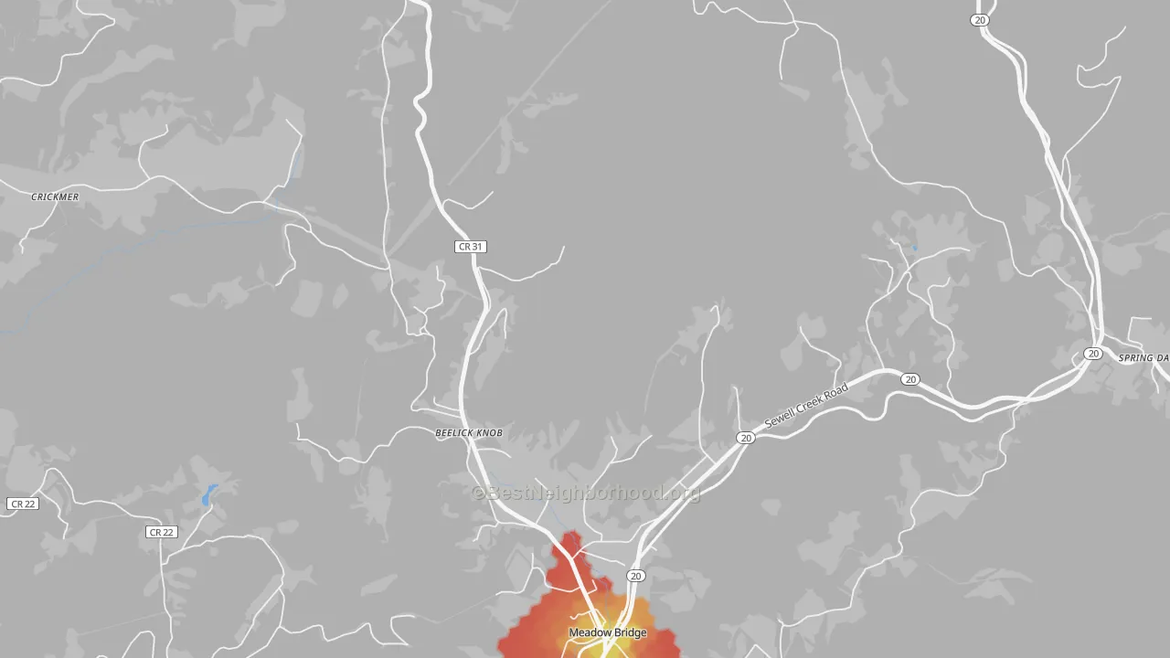 Walk Grade map of Beelick Knob, WV, walkable areas in green and car-dependent areas in red