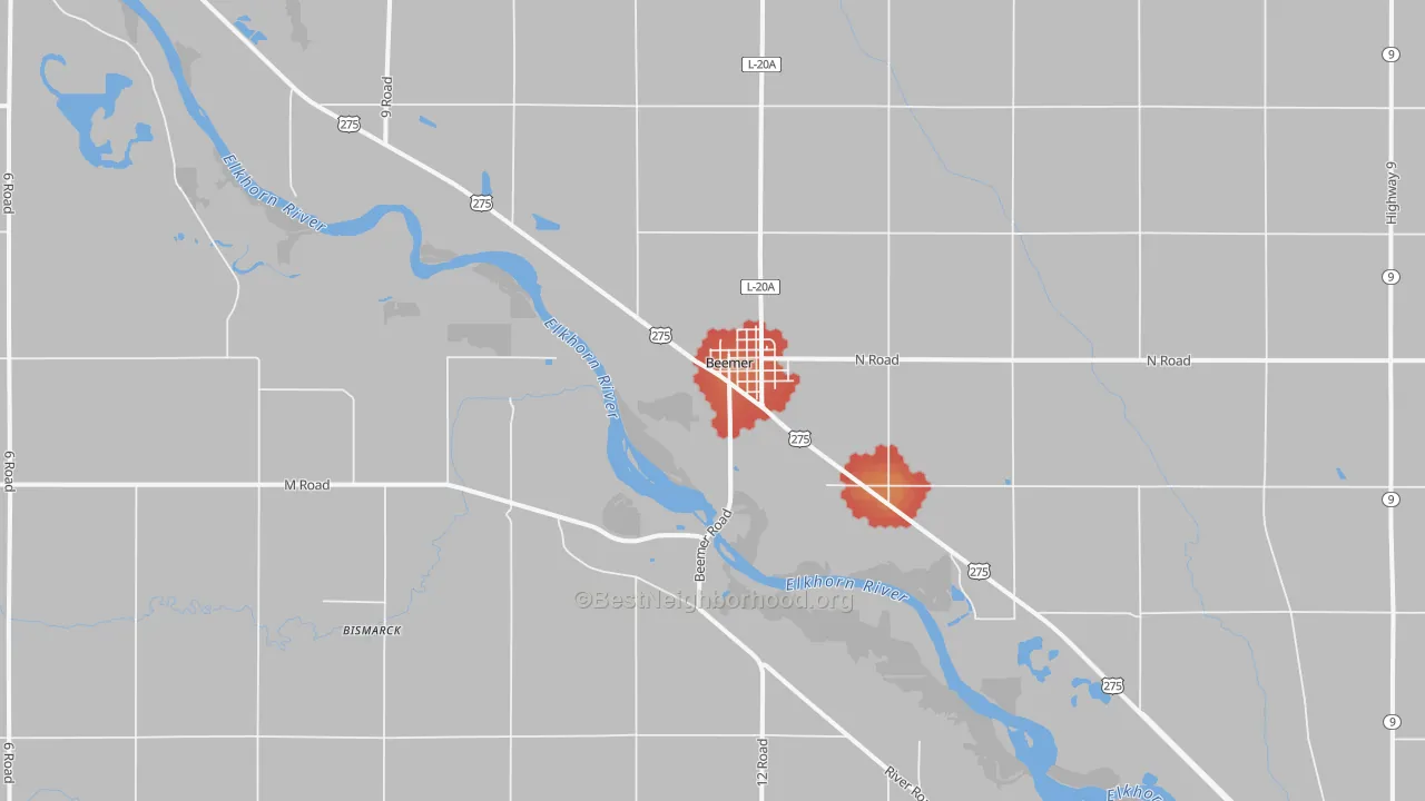Walk Grade map of Beemer, NE, walkable areas in green and car-dependent areas in red